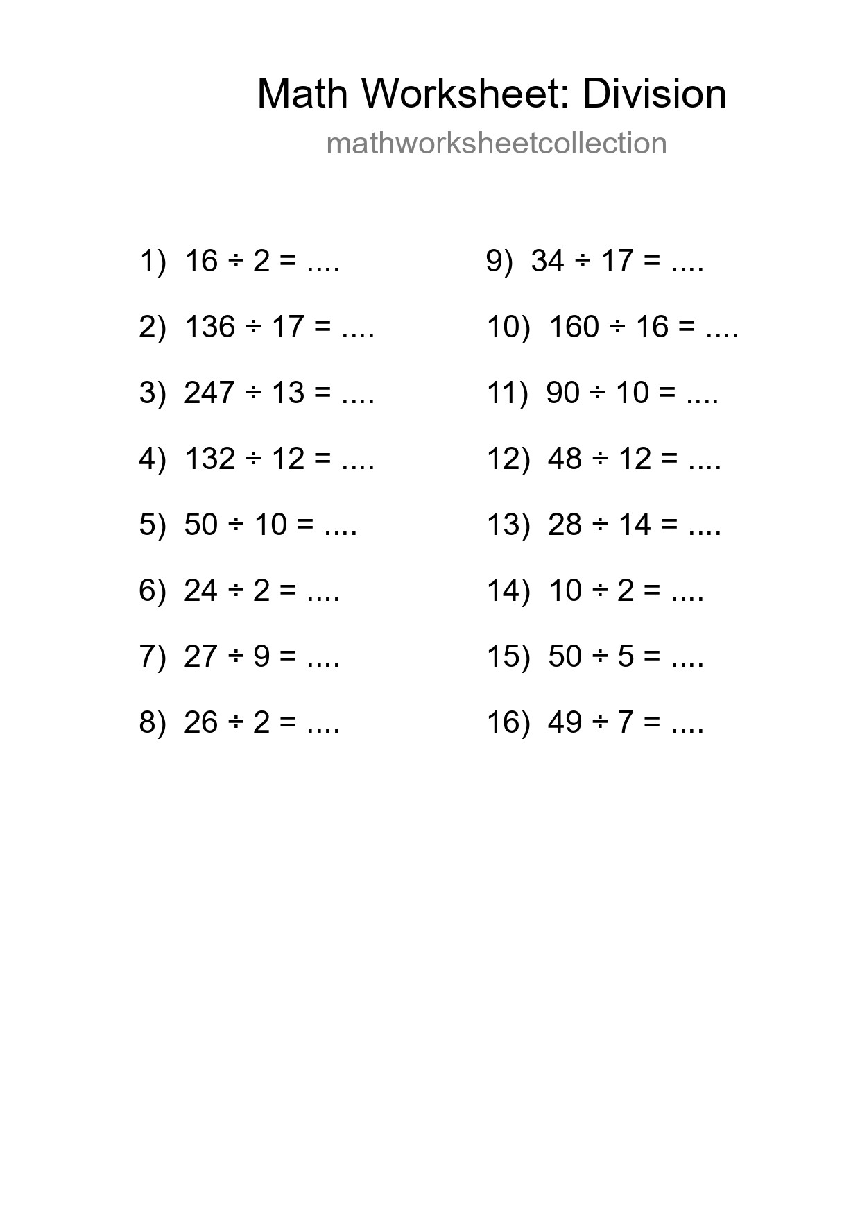 Printable Free 16 Division Math Worksheet For Grade 2 - Part 114