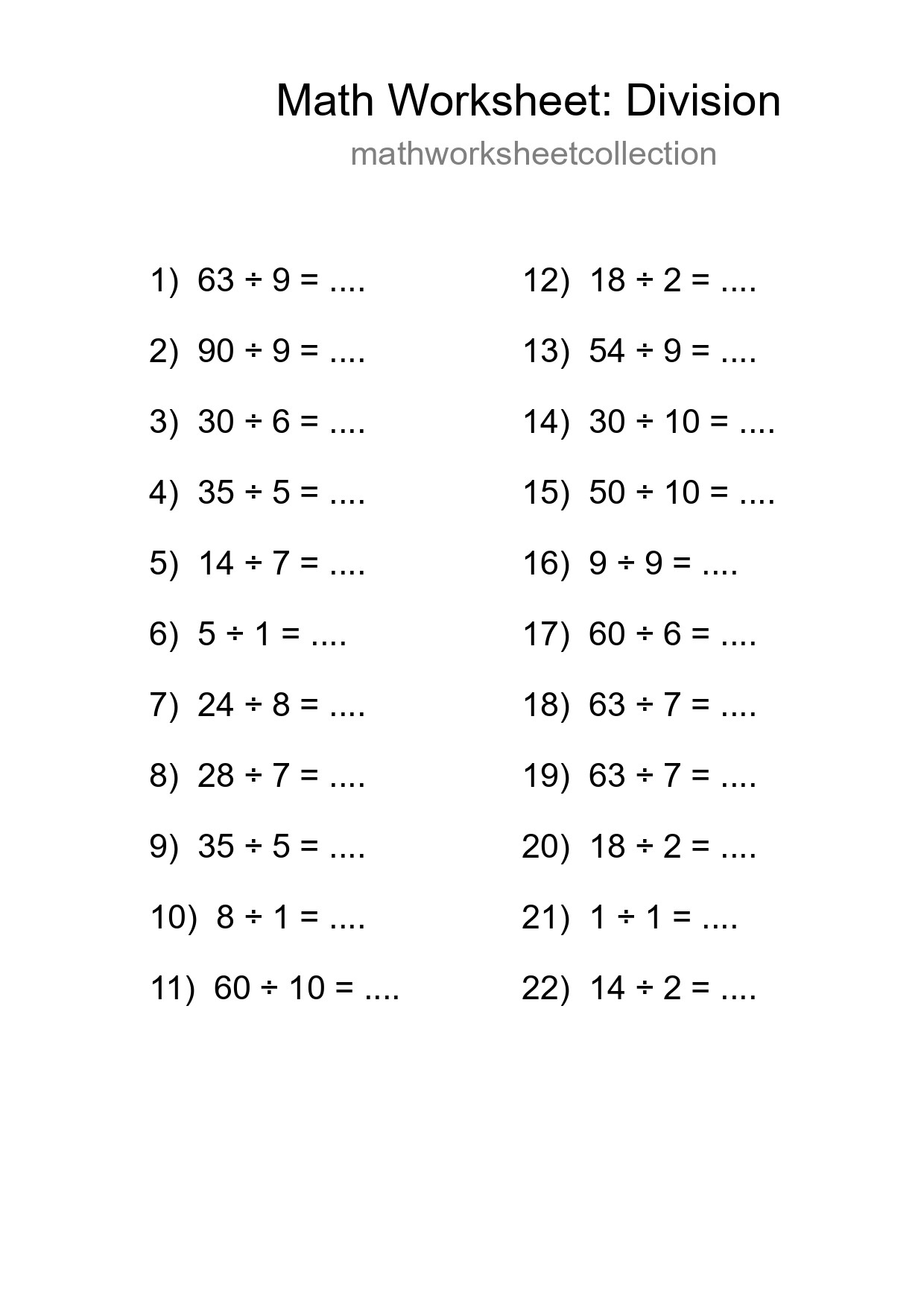 Printable Free 22 Division Math Worksheet For Grade 1 - Part 74