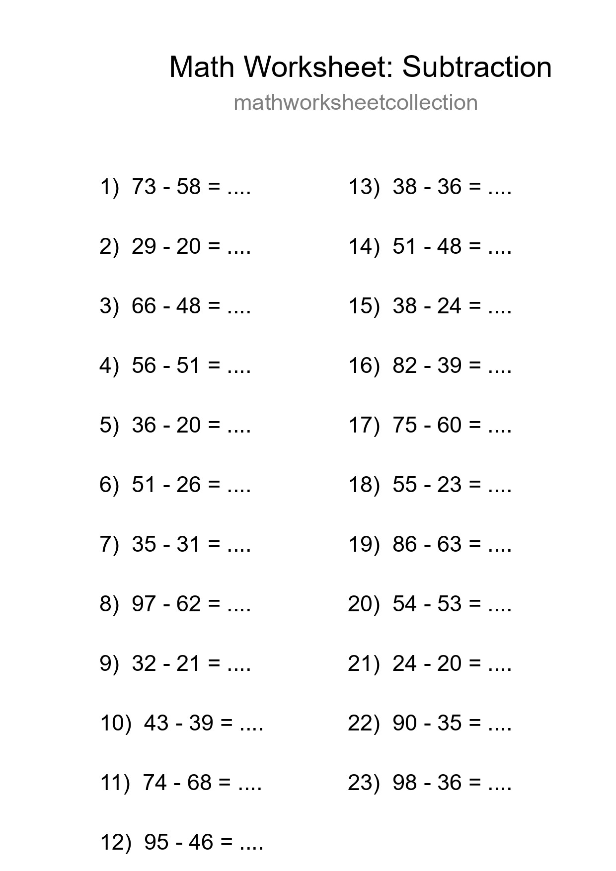 Printable Free 23 Subtraction Math Worksheet For Grade 3 - Part 18