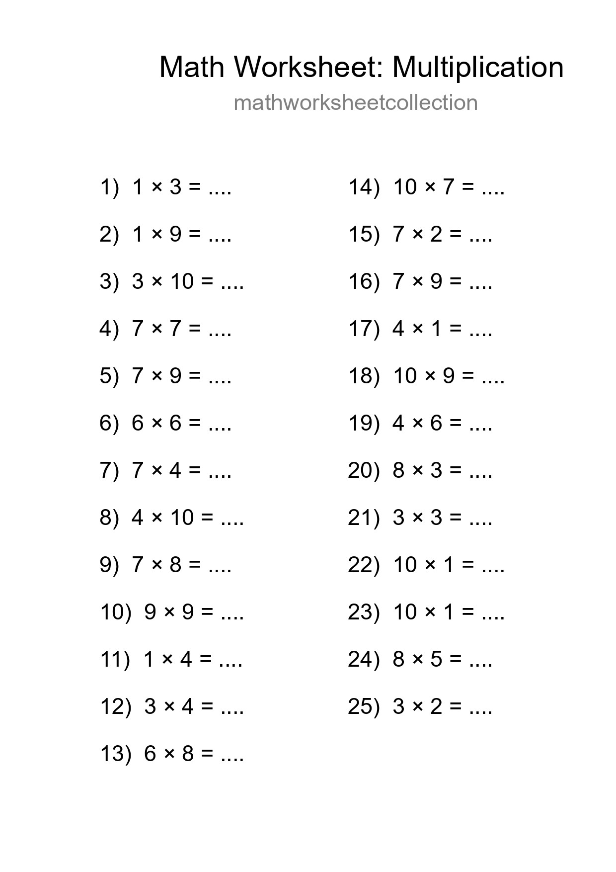 Printable Free 25 Multiplication Math Worksheet For Grade 1 - Part 17