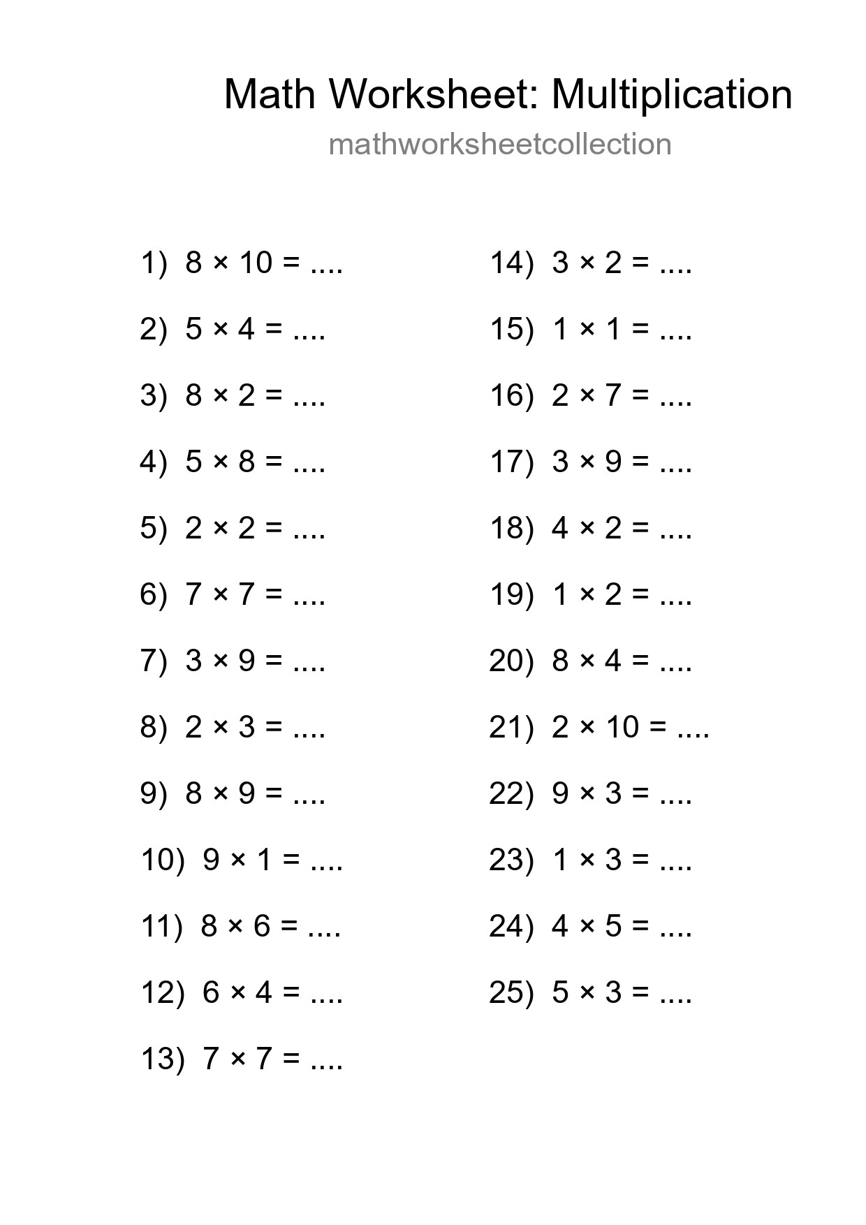 Printable Free 25 Multiplication Math Worksheet For Grade 1 - Part 277