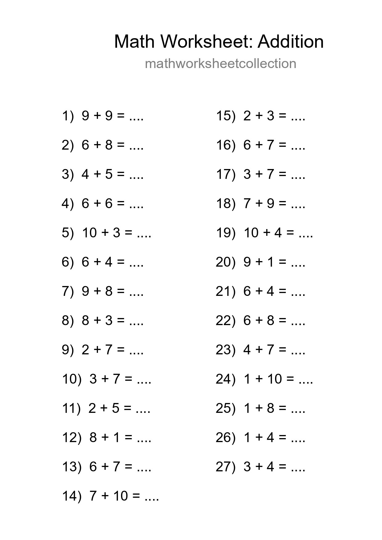 Printable Free 27 Addition Math Worksheet For Grade 1 - Part 291