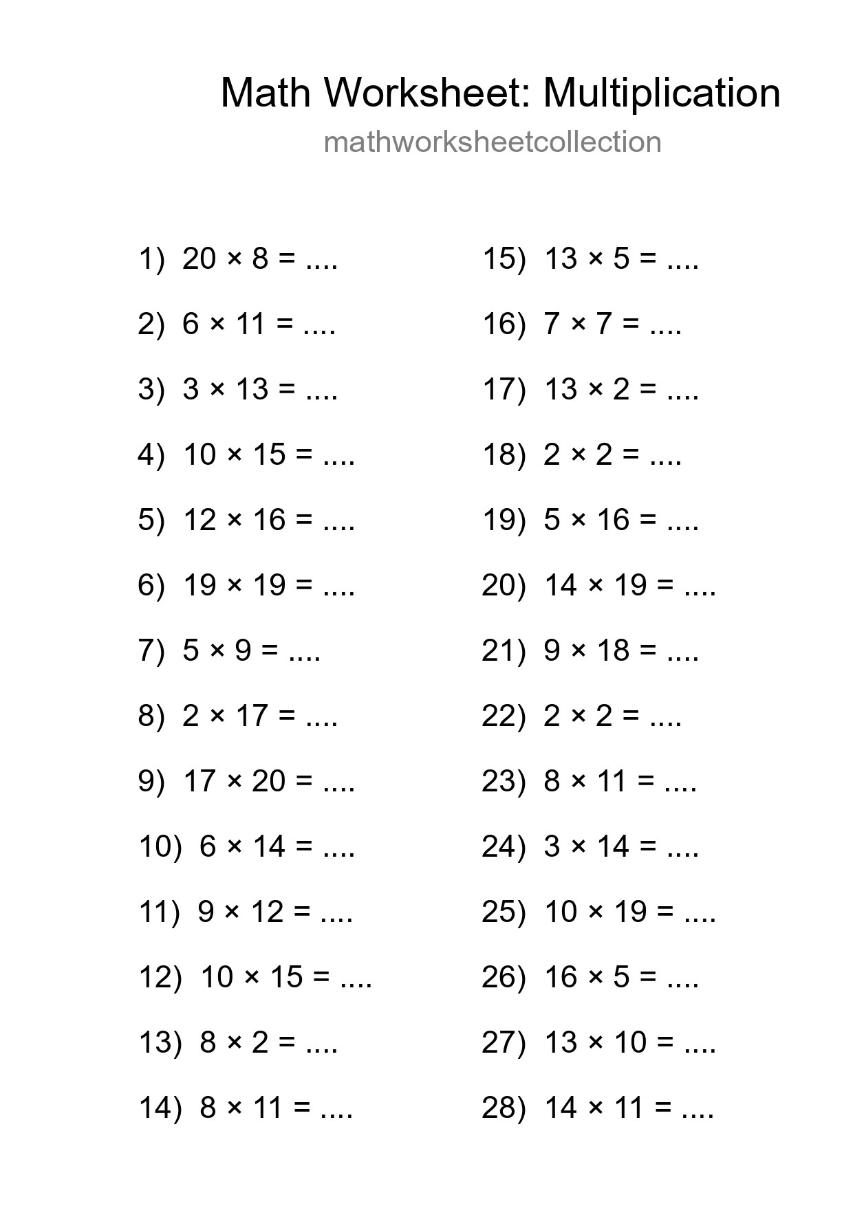 Printable Free 28 Multiplication Math Worksheet For Grade 2 - Part 87